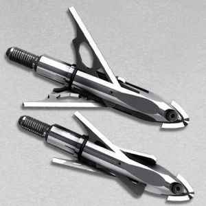 A mechanical broadhead cocked (below) and deployed (above)